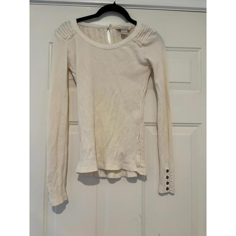 Womens sz XS Lucky Brand ivory ribbed long sleeve walffle knit shirt/sweater#989